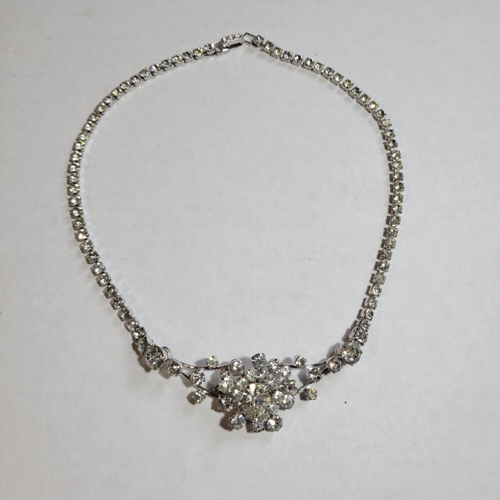 Vintage Necklace Silver Tone Clear Rhinestone 17 inch Glam Statement Estate